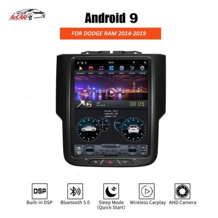 AuCAR Android 9.0 Tesla Style 10.4" Car multimedia for Dodge RAM GPS System Audio 2014 - Bluetooth Radio WIFI Vertical Stereo IPS