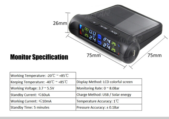 AuCAR LED Car Tire Pressure Monitoring System TPMS Solar Power Wireless LCD Display with 4 external Sensor Auto Security Alarm - Image 9